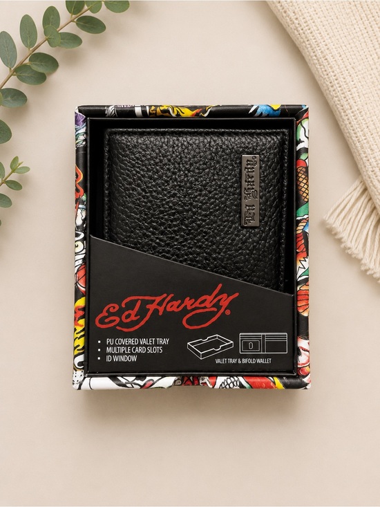 Ed Hardy Other - Ed Hardy Black Bifold Wallet with Branded Plaque & Gift Box